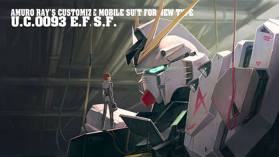 Amuro Ray Standing Beside Customized RX-78-2 Gundam Mobile Suit in Hangar HD wallpaper