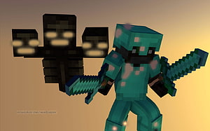 Minecraft Player in Diamond Armor Wielding Dual Swords with Wither Skeleton HD wallpaper