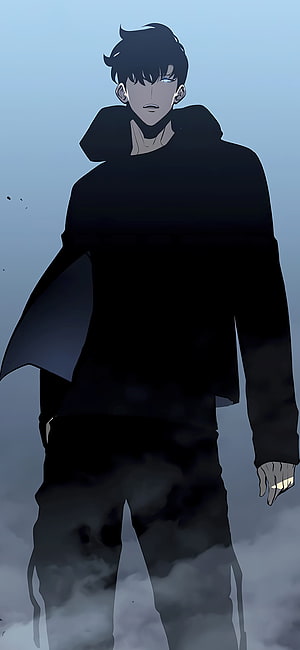 Solo Leveling anime character in dark cloak with glowing eyes and smoke effects HD phone wallpaper