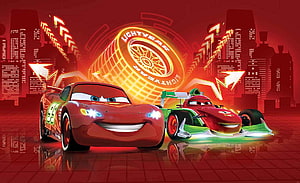 Lightning McQueen and Francesco Bernoulli in a Neon Red Racing Cityscape HD wallpaper