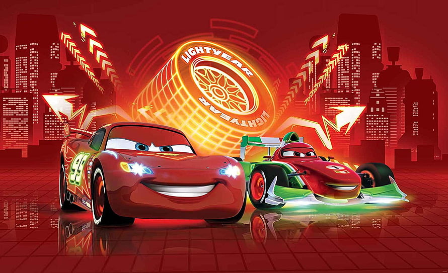 Lightning McQueen and Francesco Bernoulli in a Neon Red Racing Cityscape HD wallpaper