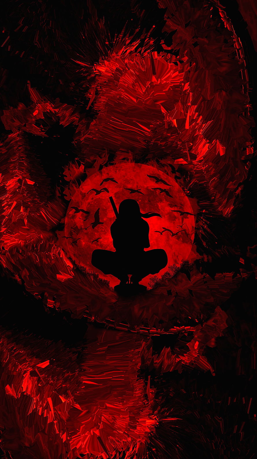 Silhouette of a ninja sitting in front of a large red moon with crows flying around in a dark forest HD phone wallpaper