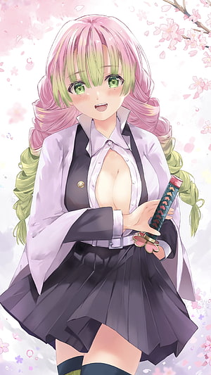 Mitsuri Kanroji from Demon Slayer in a school uniform holding a katana under cherry blossoms HD phone wallpaper