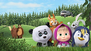Masha and the Bear Animated Forest Scene with Panda, Fox, Rabbit, and Penguin HD wallpaper