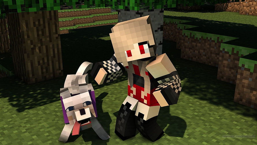 Nova Skin Minecraft Girl with Pet Dog in Blocky Forest Landscape HD wallpaper