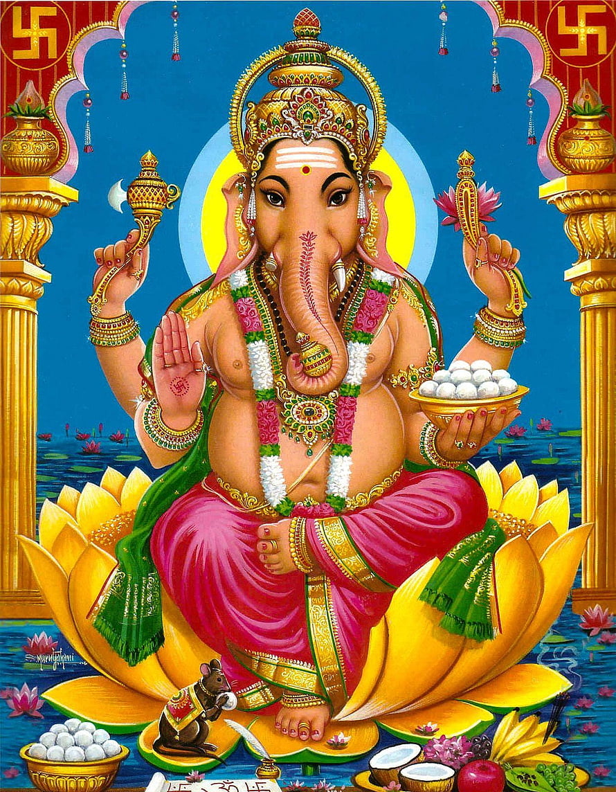 Lord Ganesha Sitting on Lotus with Modak and Mouse HD phone wallpaper