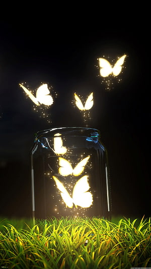 Glowing Golden Butterflies Escaping a Glass Jar in Luminous Grass HD phone wallpaper