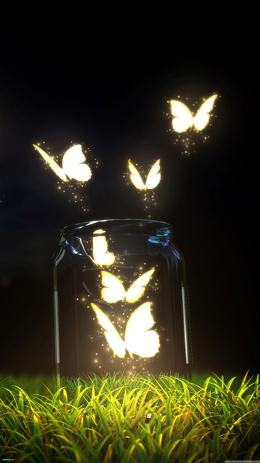 Glowing Golden Butterflies Escaping a Glass Jar in Luminous Grass HD phone wallpaper