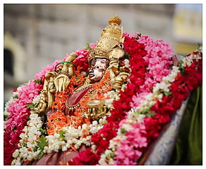 Chamundeshwari deity adorned in vibrant floral garlands and golden ornaments HD wallpaper
