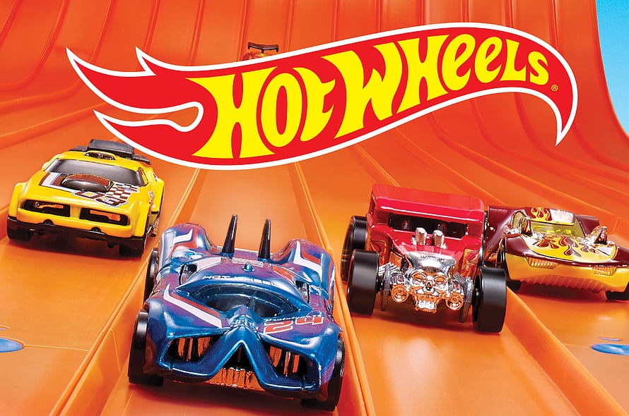 Hot Wheels toy cars racing on an orange track with the iconic flame logo HD wallpaper
