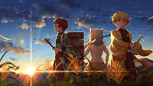 Tanjiro, Zenitsu, and Inosuke standing in tall grass at sunset HD wallpaper