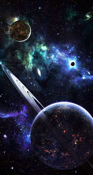Mystical Space Scene With Ringed Planet, Nebula, And Distant Stars HD phone wallpaper