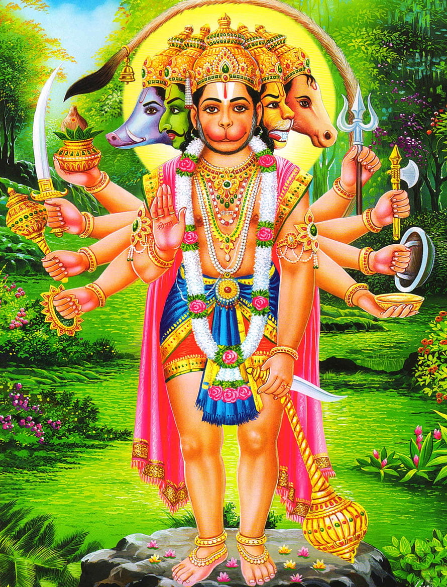 Mahakala Hindu Deity with Five Animal Heads and Multiple Arms Holding Weapons HD phone wallpaper