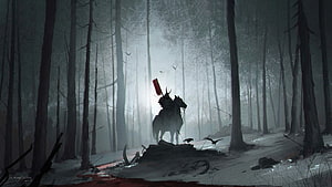 Dark Fantasy Knight on Horse in Misty Snowy Forest Concept Art HD wallpaper