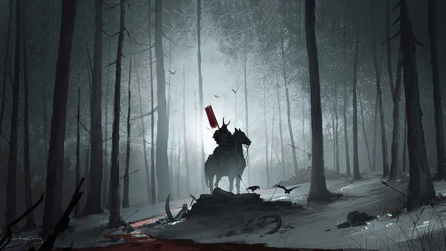 Dark Fantasy Knight on Horse in Misty Snowy Forest Concept Art HD wallpaper