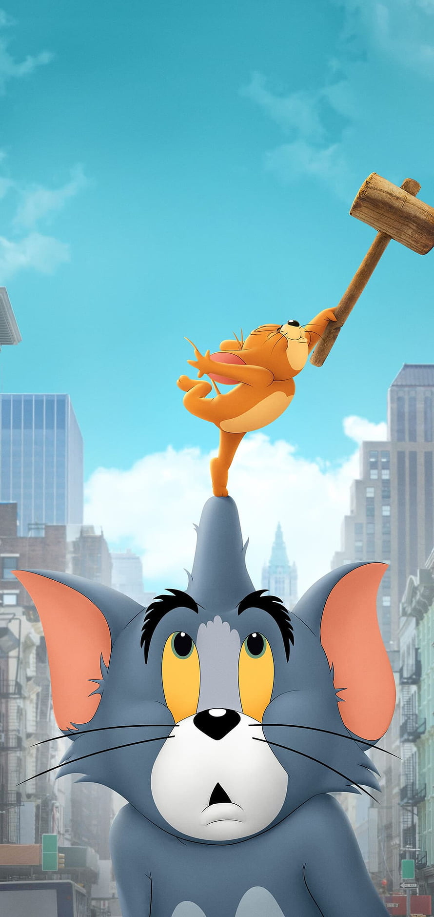 Tom and Jerry Cartoon Characters in a City Skyline with a Wooden Mallet HD phone wallpaper