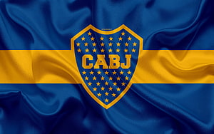 Club Atletico Boca Juniors Crest on Waving Blue and Gold Fabric Background HD wallpaper