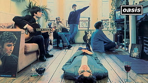 Oasis band members relaxing in a living room with guitars and drinks HD wallpaper