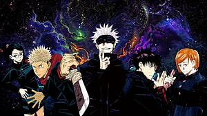 Jujutsu Kaisen Main Cast Group Portrait Against Cosmic Nebula Background HD wallpaper