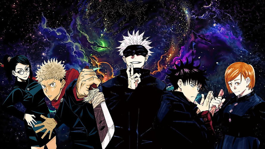 Jujutsu Kaisen Main Cast Group Portrait Against Cosmic Nebula Background HD wallpaper