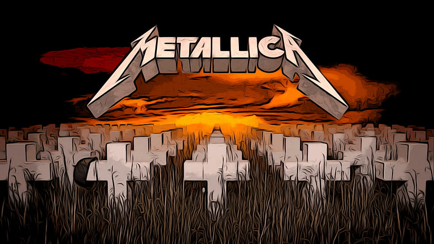 Metallica Cemetery at Dusk with Fiery Orange Sky and Stone Crosses HD wallpaper