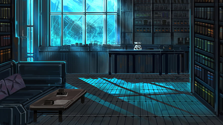Library of Ruina Sci-Fi Study Interior with Neon Blue City View and Bookshelves HD wallpaper