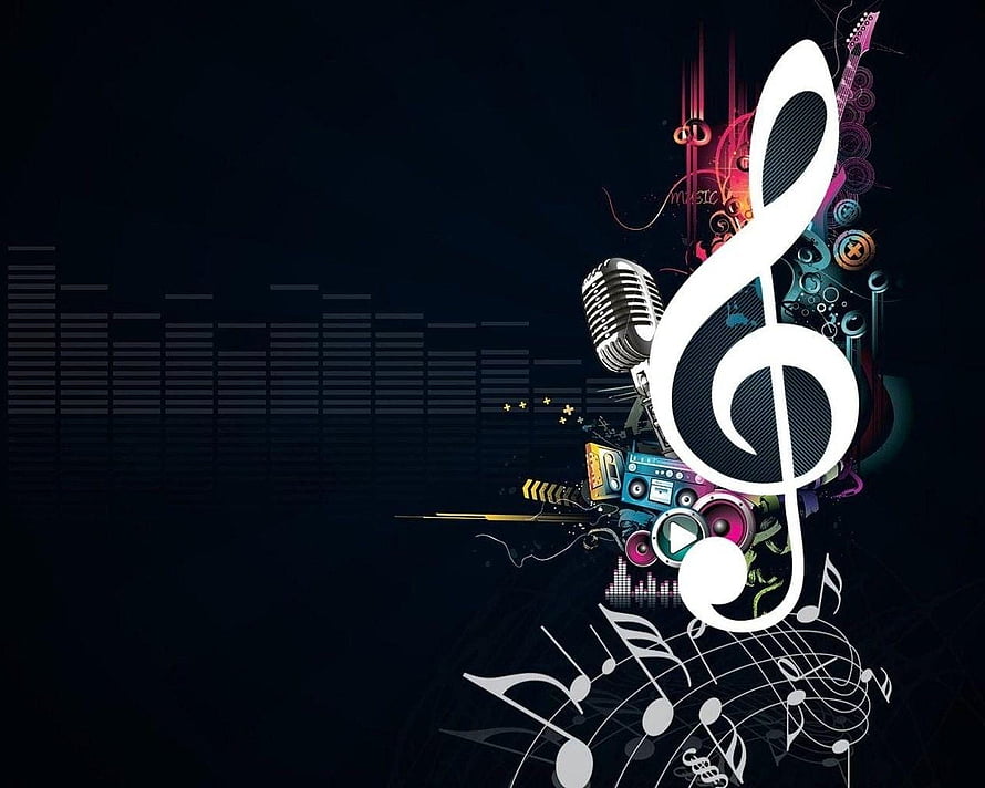 Dark Music Theme with Treble Clef, Microphone, and Audio Visualizer Elements HD wallpaper