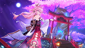 Yae Miko Genshin Impact Anime Wallpaper Pink Hair Shrine Maiden Under Cherry Blossoms HD wallpaper