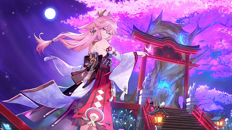 Yae Miko Genshin Impact Anime Wallpaper Pink Hair Shrine Maiden Under Cherry Blossoms HD wallpaper