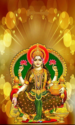 Goddess Lakshmi Seated on Lotus Throne Holding Flowers and Pot of Gold HD phone wallpaper