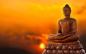 Gautam Buddha statue in meditation pose against a warm golden sunset sky HD wallpaper