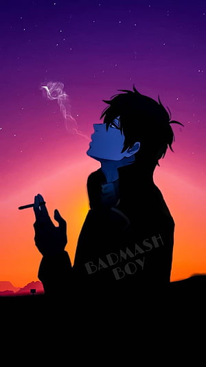 Anime Boy Smoking Silhouette Against Sunset Sky HD phone wallpaper