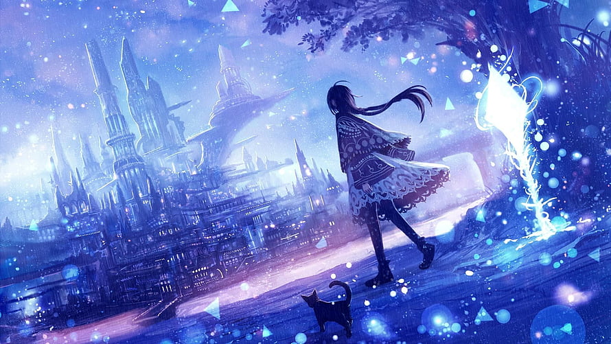 Anime girl with black cat overlooking a glowing fantasy city at night HD wallpaper