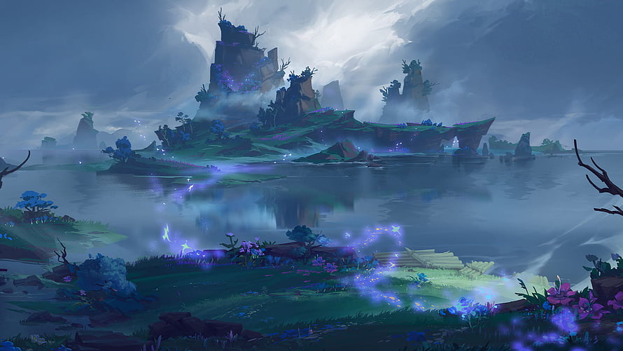 Mystical Floating Island Landscape With Glowing Flora And Misty Waters HD wallpaper