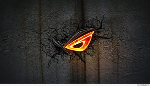 Glowing Orange ROG Eye Logo Breaking Through Cracked Dark Concrete Wall HD wallpaper