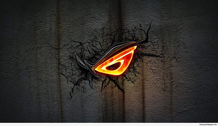 Glowing Orange ROG Eye Logo Breaking Through Cracked Dark Concrete Wall HD wallpaper