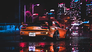 Rusty Mazda RX-7 Stanced on a Rainy Neon City Street at Night HD wallpaper