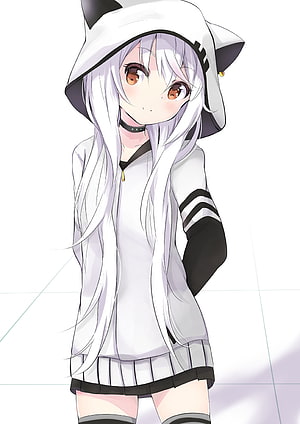 Anime Girl With White Hair And Cat Ears Hoodie HD phone wallpaper