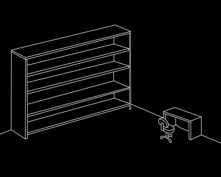 Minimalist White Line Art of an Empty Bookshelf and Desk on Black Background HD wallpaper