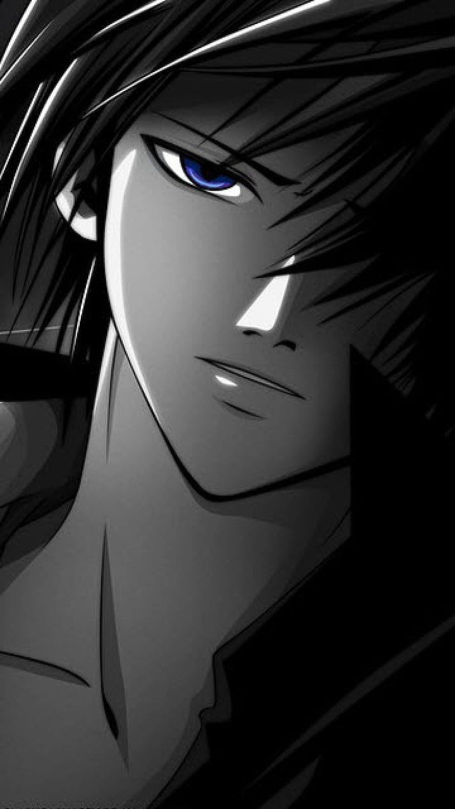 Dark Anime Male Character Portrait with Intense Blue Eyes and Black Hair HD phone wallpaper
