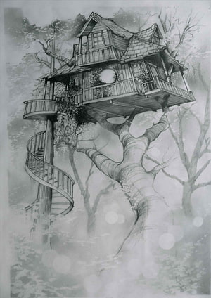 Detailed Pencil Sketch of a Magical Treehouse with Spiral Staircase in a Misty Forest HD phone wallpaper