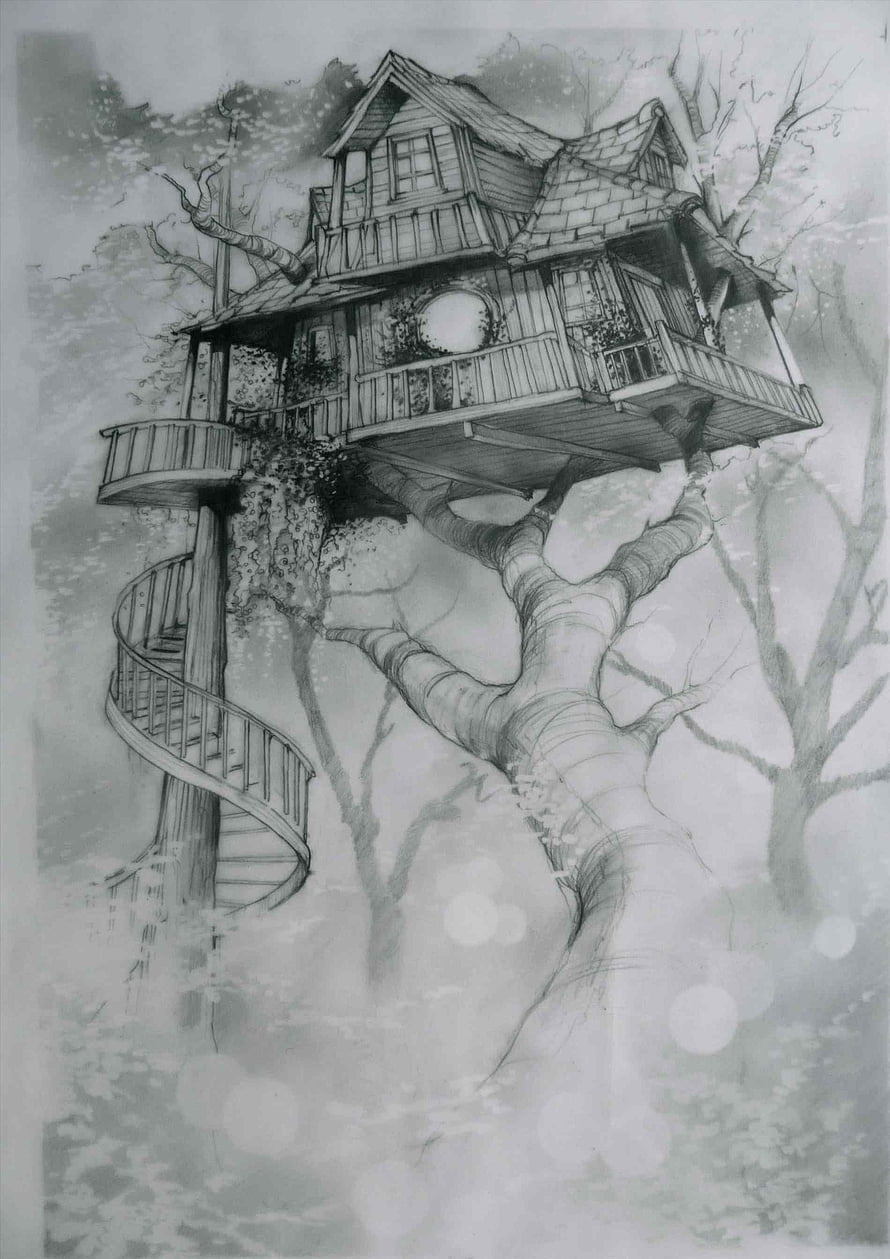 Detailed Pencil Sketch of a Magical Treehouse with Spiral Staircase in a Misty Forest HD phone wallpaper