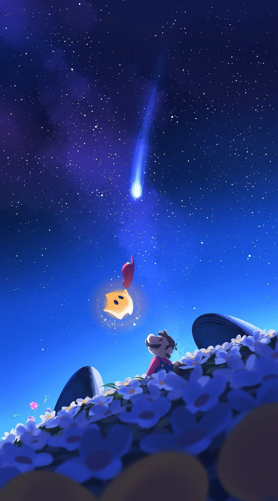 Mario and Cappy Watching a Shooting Star in Super Mario Odyssey Night Sky HD phone wallpaper