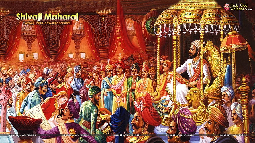 Shivaji Maharaj Sitting on Golden Throne in Royal Court with Ministers and Courtiers HD wallpaper