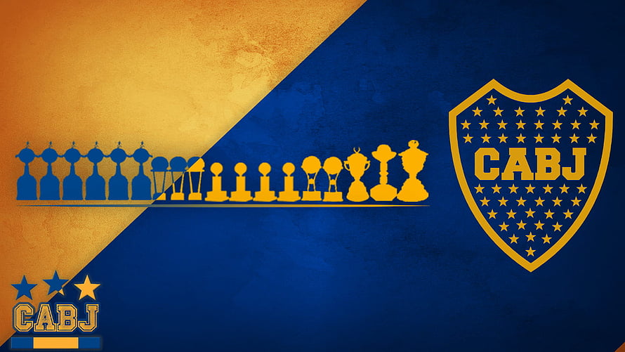 Boca Juniors CABJ Crest With Trophy Silhouettes On Blue And Gold Diagonal Background HD wallpaper