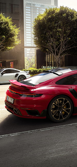 TechArt Porsche 911 Turbo S 992 Rear View in Urban Setting HD phone wallpaper