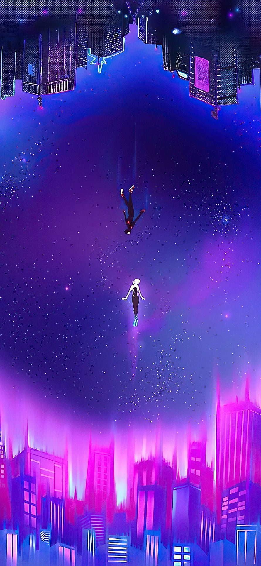 Spider-Man and Spider-Gwen Floating in a Neon Purple Cosmic Cityscape, 1125x2436 Spider Gwen And Miles Spiderman XS, 10, X , Backgrounds, and, miles and gwen HD phone wallpaper