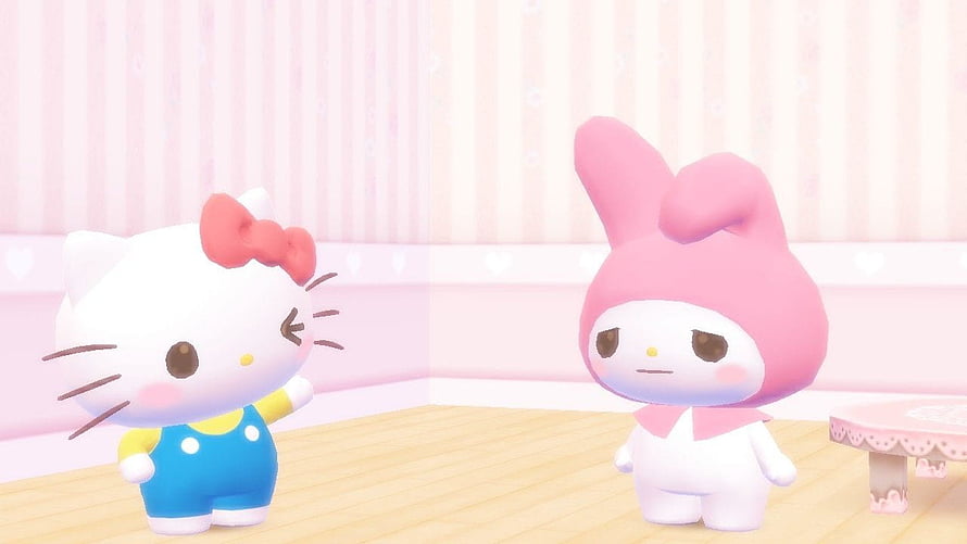 Hello Kitty and My Melody in a pastel pink room from Animal Crossing HD wallpaper
