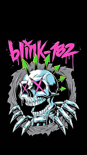 Blink-182 Skull Illustration with Neon Green Arrows and Pink Graffiti Text on Black Background HD phone wallpaper