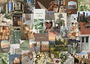 Beige and Green Aesthetic Mood Board Collage Featuring Fashion, Nature, and Architecture HD wallpaper